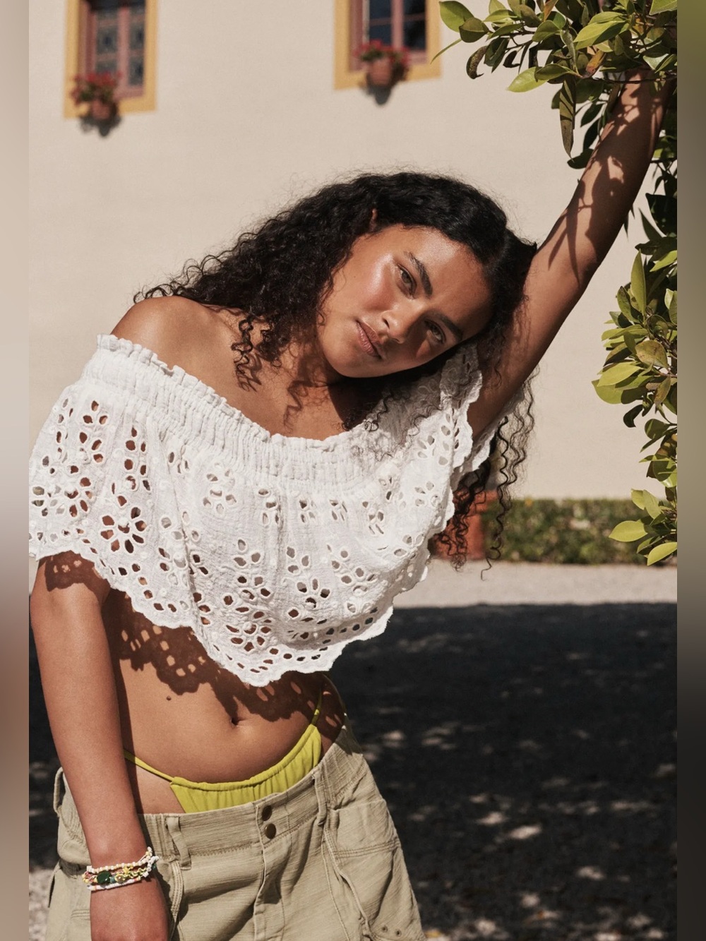 Free People FP One off the shoulder white eyelet Perla Top Sz XS